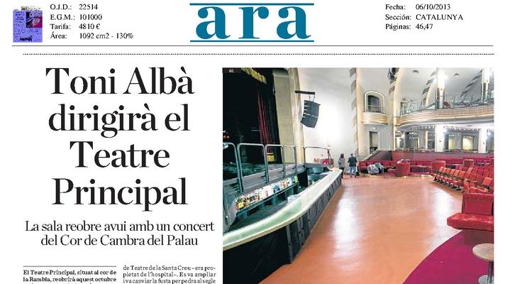 Toni Albà dirigirá el Teatro Principal. La sala reabre hoy con un concierto del Cor de Cambra del Palau