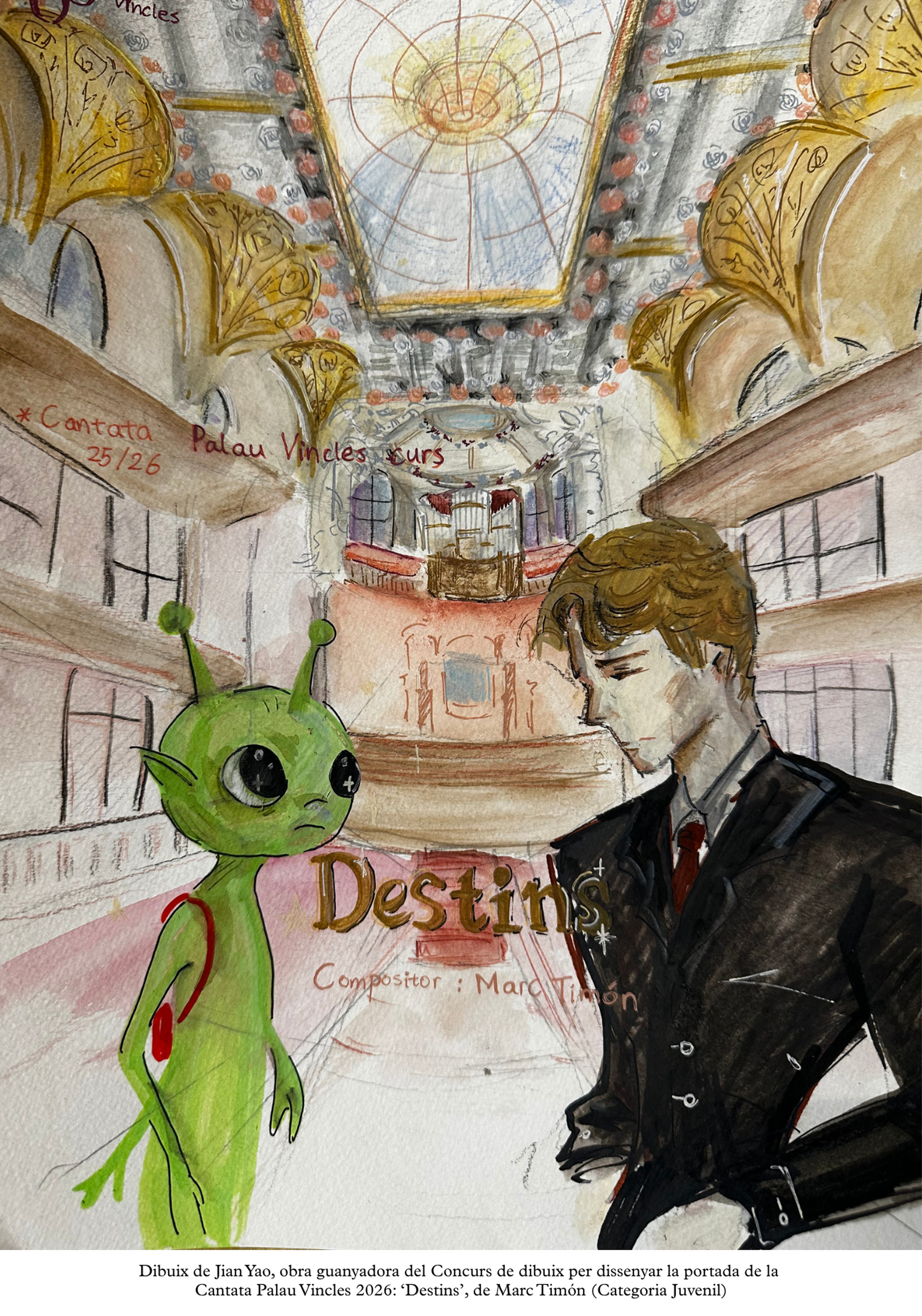 Obra guanyadora del Concurs de dibuix per dissenyar la portada de la Cantata Palau Vincles 2026 ‘Destins’, de Marc Timón. Categoria Juvenil (c) Jian Yao