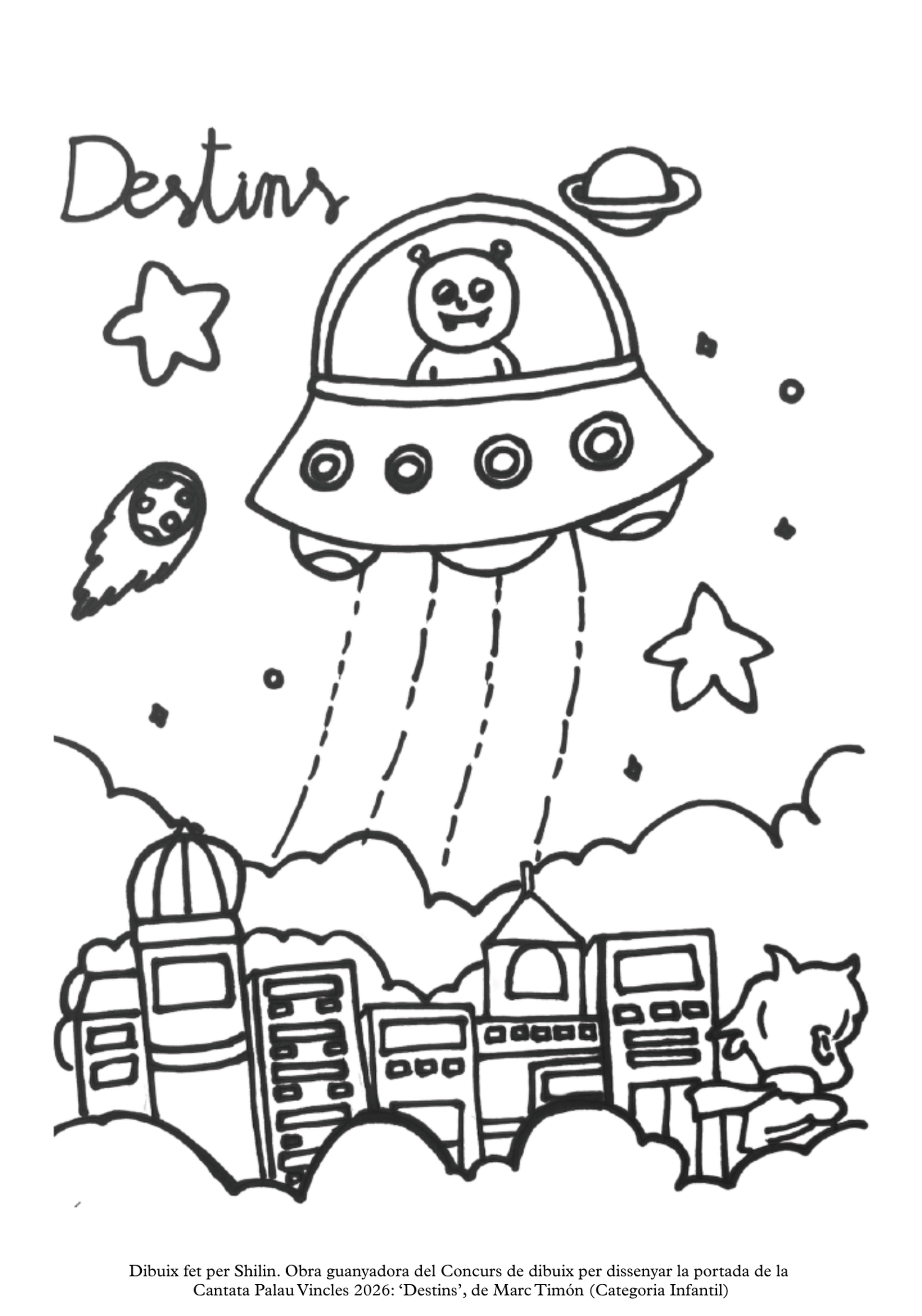 Obra guanyadora del Concurs de dibuix per dissenyar la portada de la Cantata Palau Vincles 2026 ‘Destins’, de Marc Timón. categoria infantil (c) Shilin