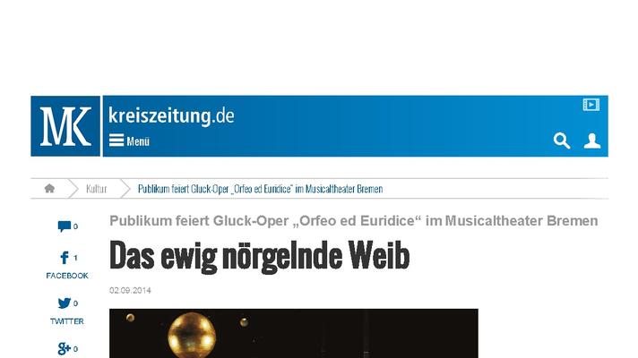 El público aclama la ópera del Gluck 'Orfeo et Euridice' en el Teatro de Bremen