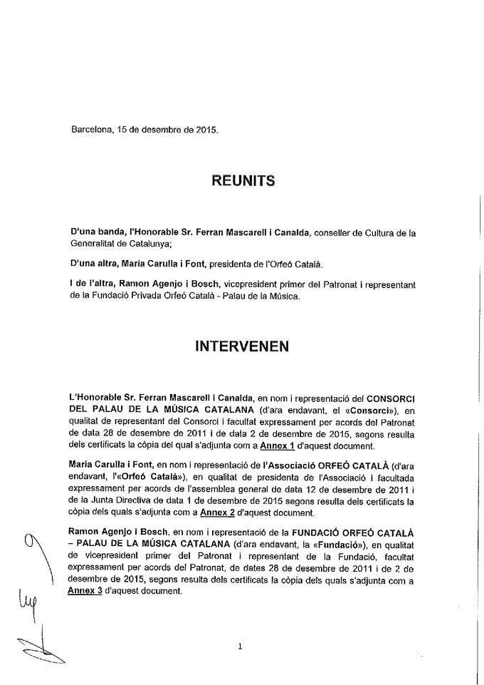 Agreement regulating the terms of unification and merger into a single entity to manage rights and economic operation of the facilities of the Palace of Catalan Music.