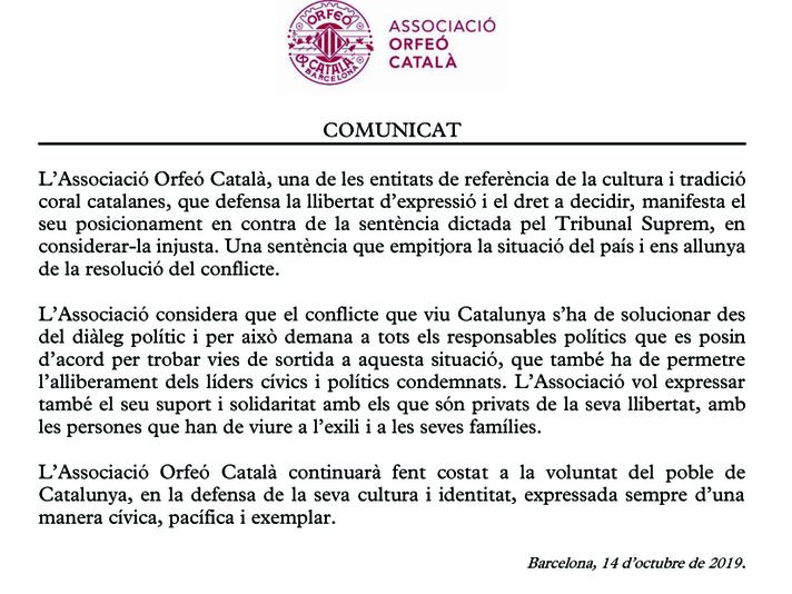 Comunicat de l'Associació Orfeó Català
