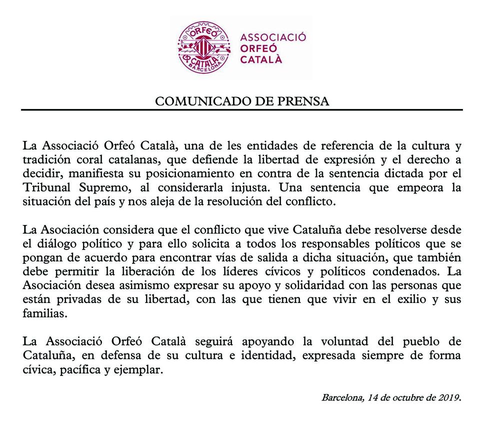 Comunicado de la Associació Orfeó Català