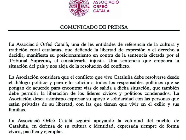 Comunicado de la Associació Orfeó Català