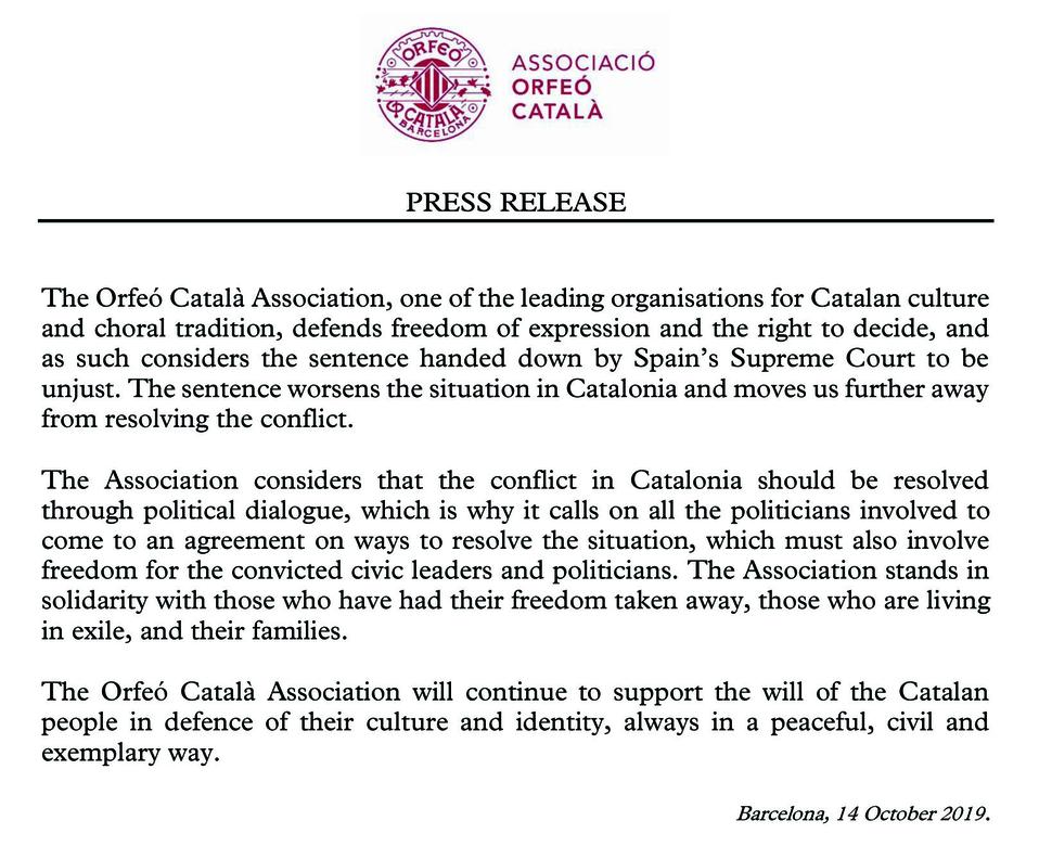 Press Release of the Associació Orfeó Català