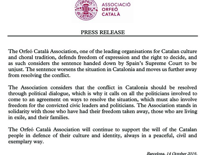 Press Release of the Associació Orfeó Català